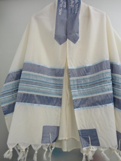 Woolen Tallit with Decorative Blue & Silver Stripes by Galilee Silks