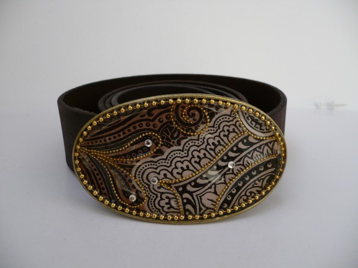 Brown Leather Belt with Paisley Buckle