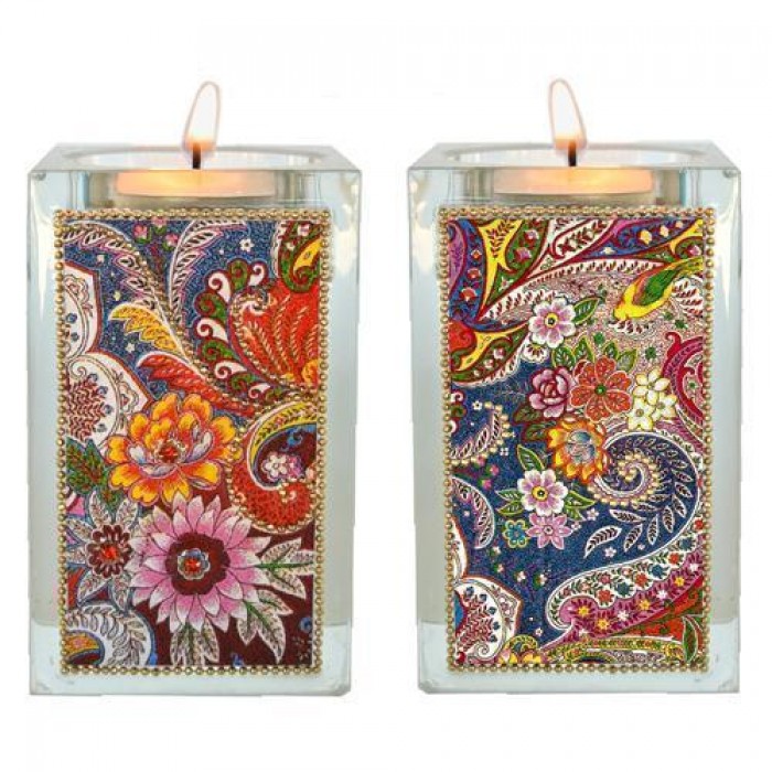 Crystal Candlesticks with Colorful Oriental Floral Motif