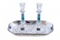 Large Crystal Shabbat Candlesticks with Blue Stripes, Flower, and Tray